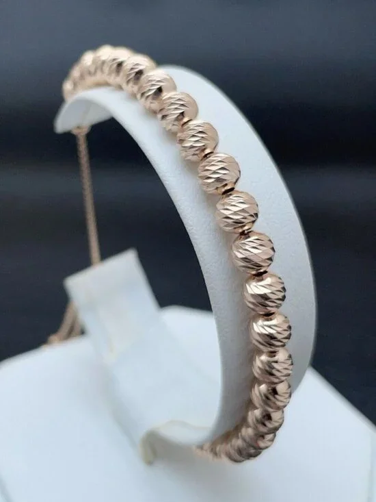 Italian Milor Bracelet Rose 18K Gold Clad Sterling Adjustable Diamond Cut Bead - Picture 2 of 5